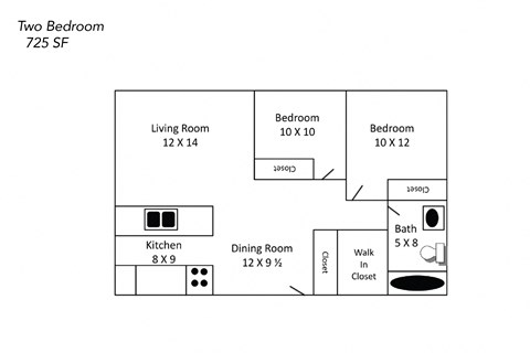 Floor plan for 2 beds, 1 bath, 725 sqft